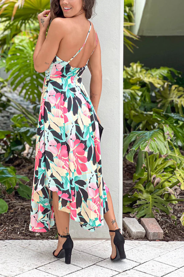 Black and Green Satin One Shoulder Midi Dress