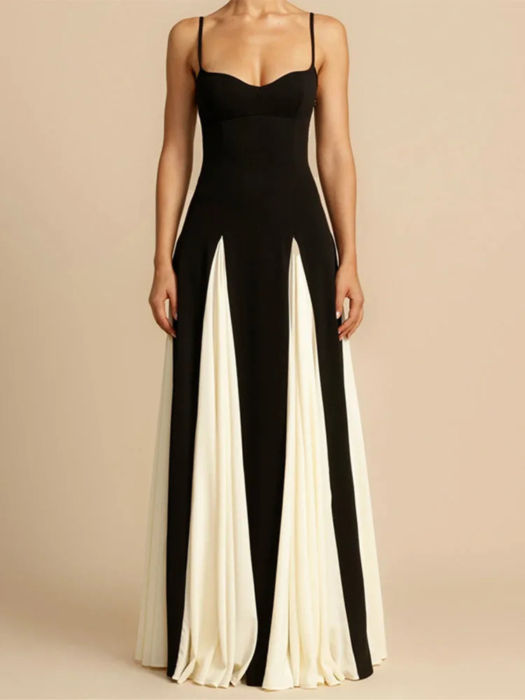 Patchwork Spaghetti Strap Long Dress for Sleeveless Backless Evening Maxi Dress