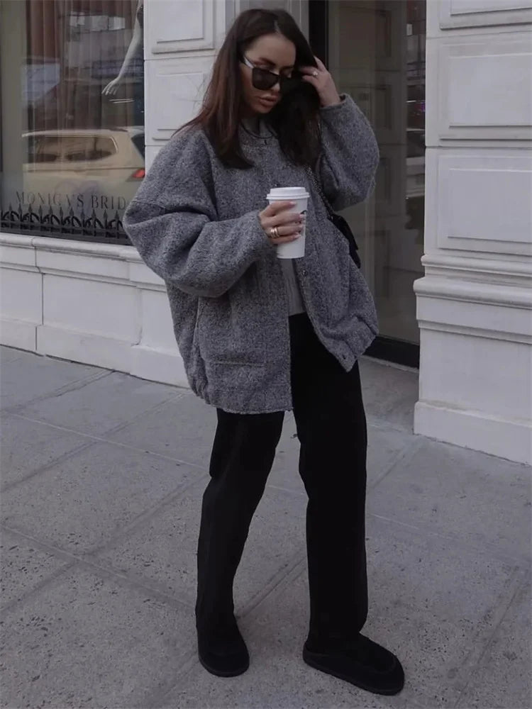 Loose High Waist Outwear Sweater for Long Sleeve Slim Pocket Patchwork Autumn Cardigan Knitwear ’s Coat