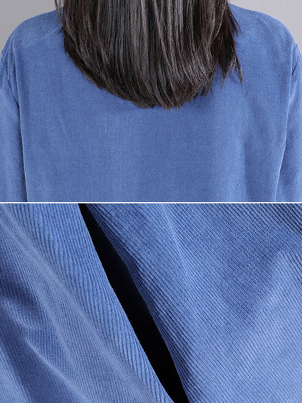 Corduroy Long Sleeves A-line Embroidered Round-neck Midi Dresses