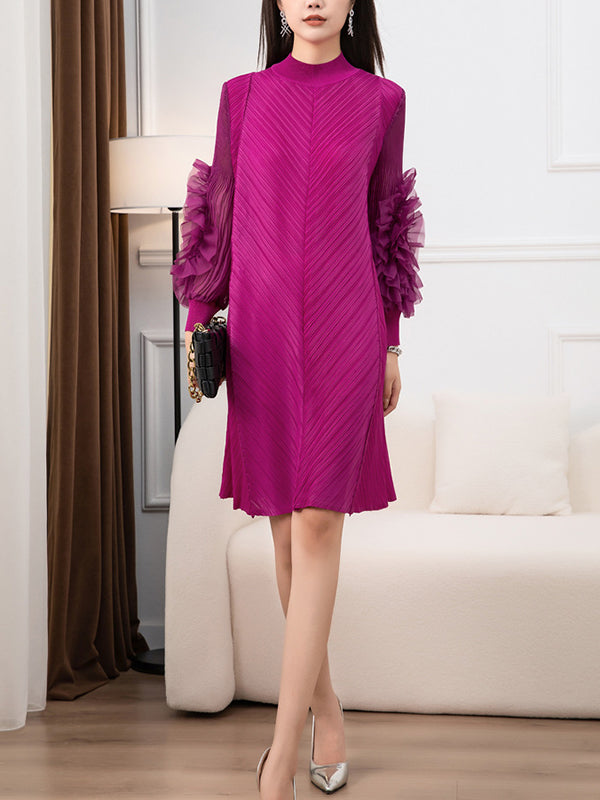 Long Sleeves Loose Embroidered Pleated Color Round-neck Midi Dresses