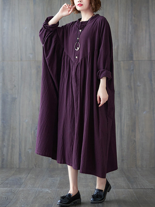 Loose Puff Sleeves Pleated Color Stand Collar Midi Dresses