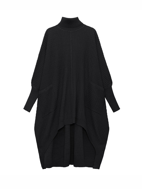 Batwing Sleeves High-low Pockets Color High-neck Midi Dresses Sweater Dresses