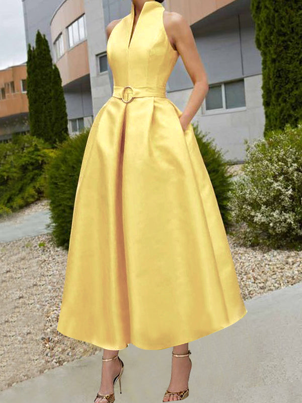A-line Loose Belted Pleated Pockets Color V-neck Midi Dresses