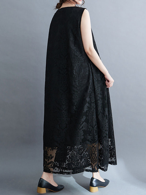 A-line Loose Lacy See-through Color Split-side Round-neck Midi Dresses