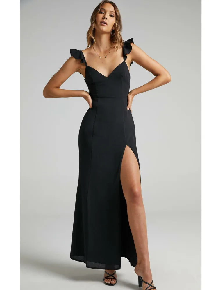 Sleeveless High Slit Bodycon Party Club Evening Dress Pleated High Waisted Vestido Slim Long Dress