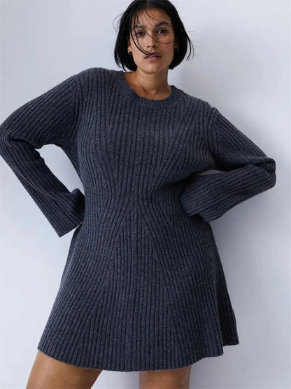Hollow Out Ribbed Knitwear Mini Dress Female Loose High Waist Patchwork Party Dress Knit Dress