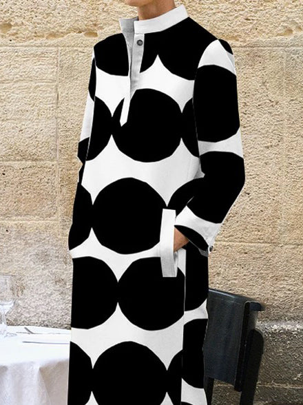 Long Sleeves Loose Polka-dot Split-side Stand Collar Midi Dresses