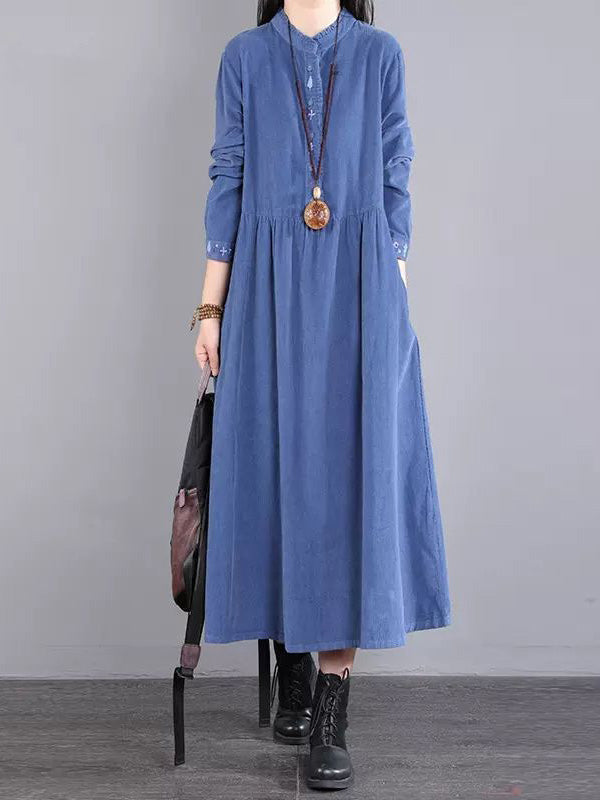 Corduroy Long Sleeves A-line Embroidered Round-neck Midi Dresses