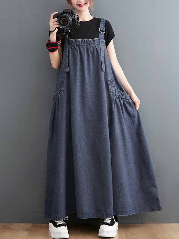 Loose Artistic Retro Color Strap Denim Midi Dress