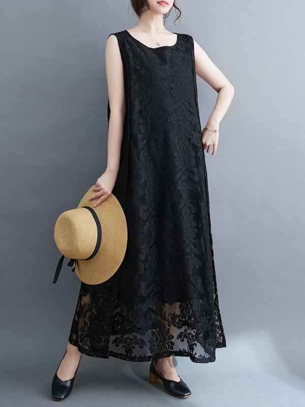 A-line Loose Lacy See-through Color Split-side Round-neck Midi Dresses