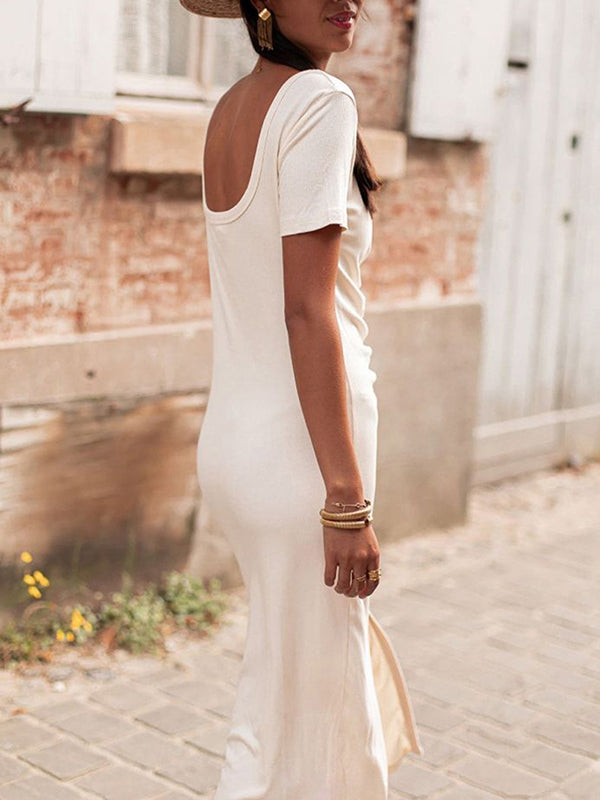 Bodycon High Waisted Buttoned Pleated Color Deep V-neck Midi Dresses