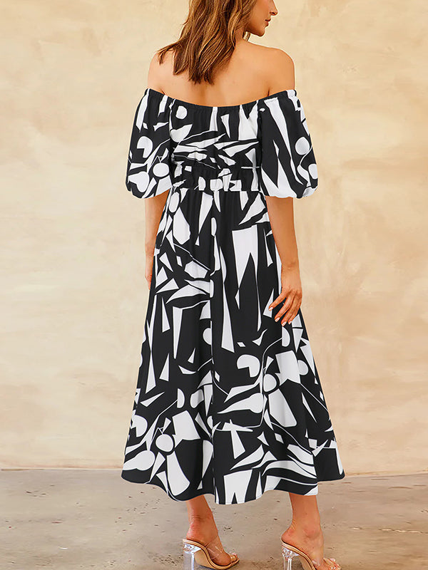 A-line Espadrilles Contrast Color Elasticity Pleated Pockets Printed Off-the-shoulder Midi Dresses