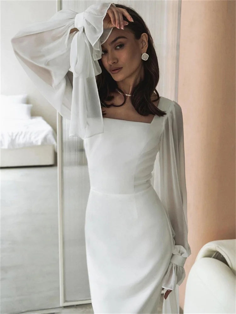 White Ruffled Mesh Maxi Dress – High Waist Patchwork Slim Party Lace-up Long Dress