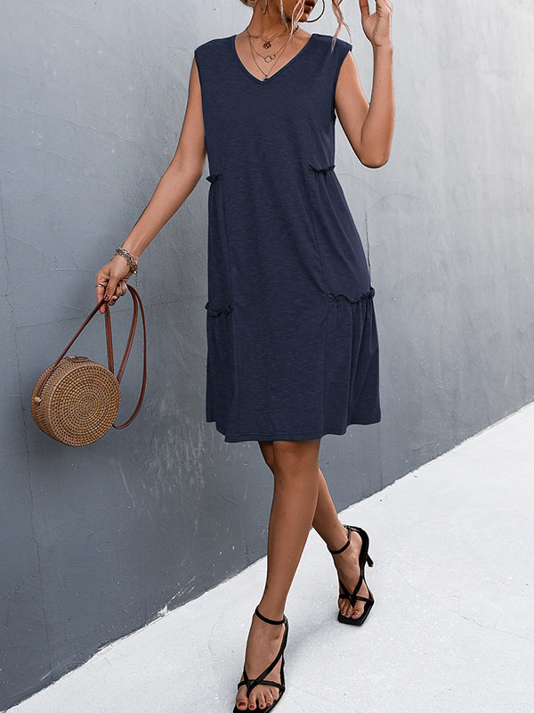 A-line Loose Pleated Color Split-joint V-neck Midi Dresses