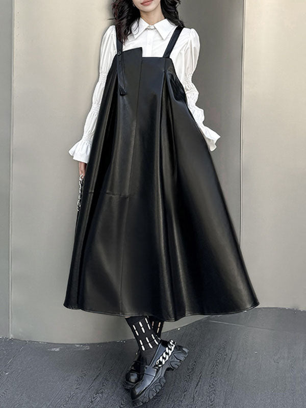 A-line Loose Asymmetric Pleated Color Split-joint Square-neck Midi Dresses Slip Dress