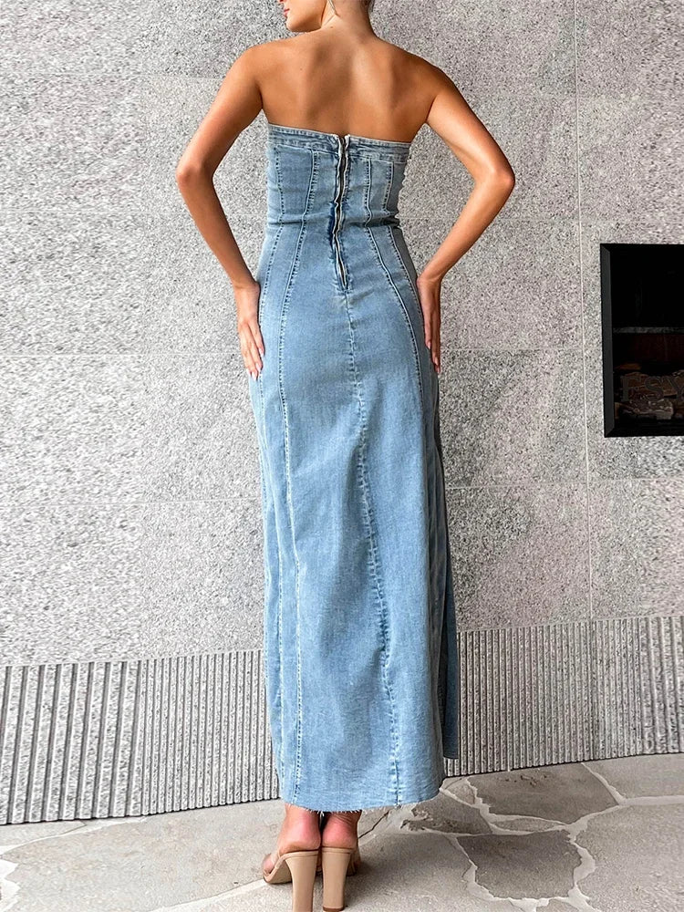 Side Slit Denim Bodycon Dress for Slim Sleeveless Maxi Dresses ’s Street Woman Autumn New