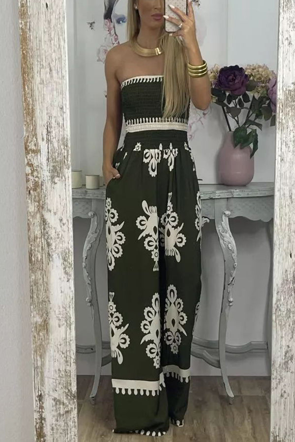Larsen Print Off Shooulder Smocked Bust Pocketed Jumpsuit