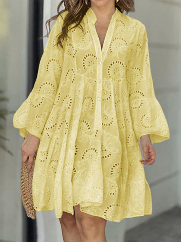 A-line Flared Sleeves Buttoned Hollow Color Split-joint V-neck Mini Dresses