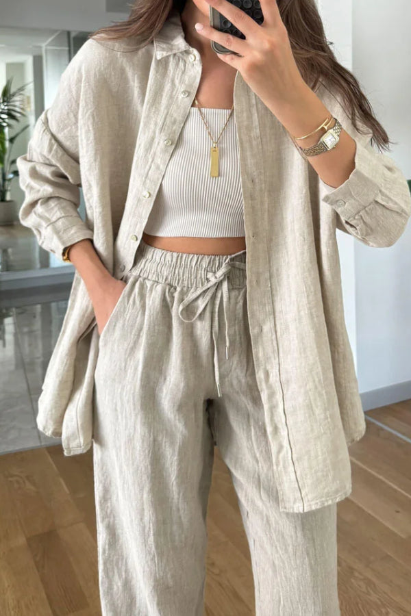 Cotton Linen Shirt & Cropped Pants Two-piece Set