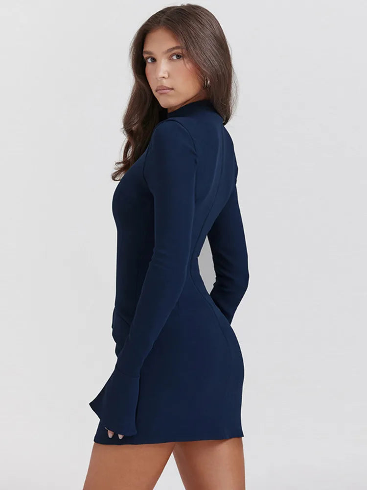Dark Blue Two Pocket Mini Dress for Autumn Winter New Long Sleeve Bodycon Club Party Dress