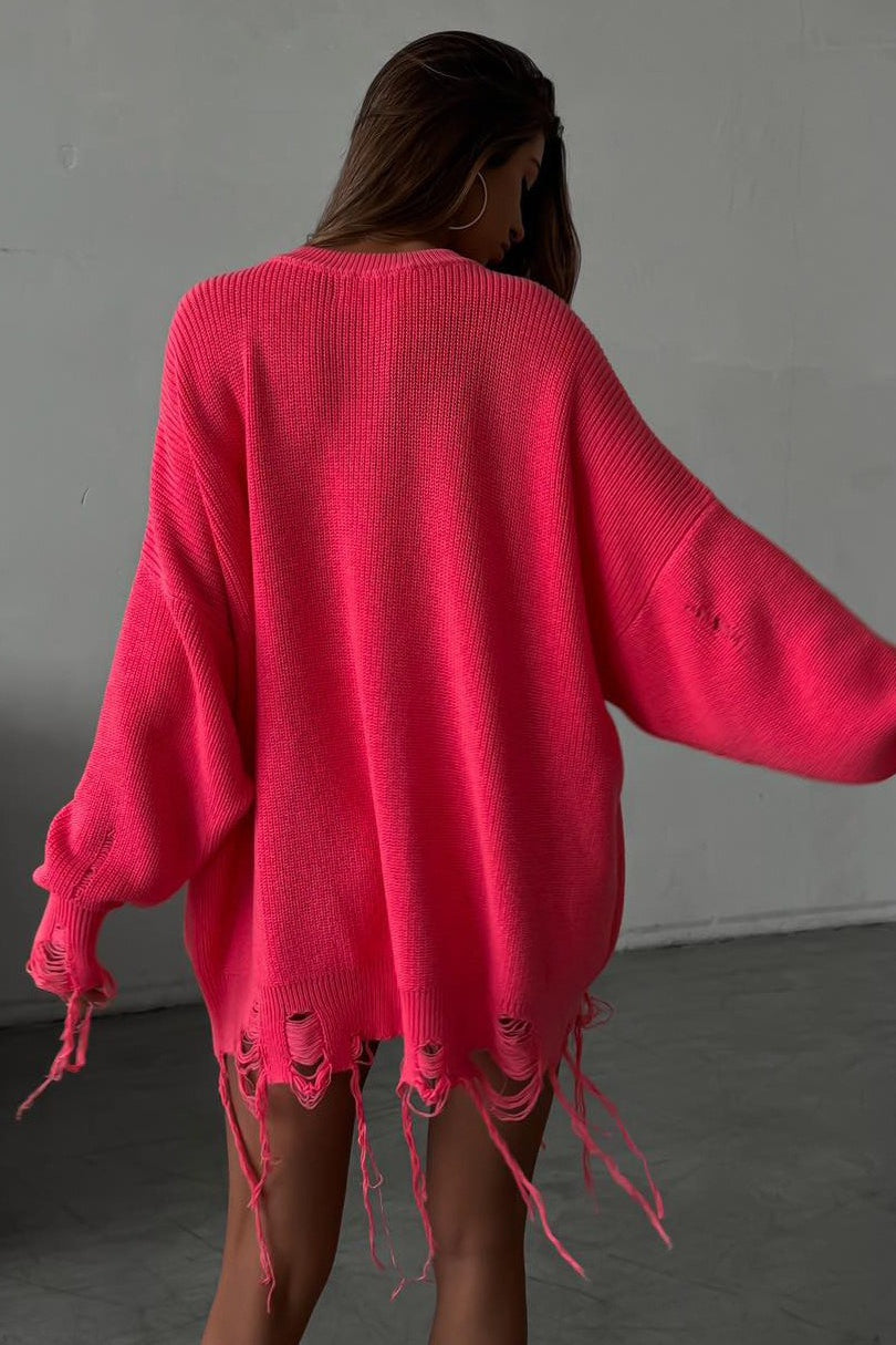 Edgy Ripped Grunge Crew Neck Knit Sweater