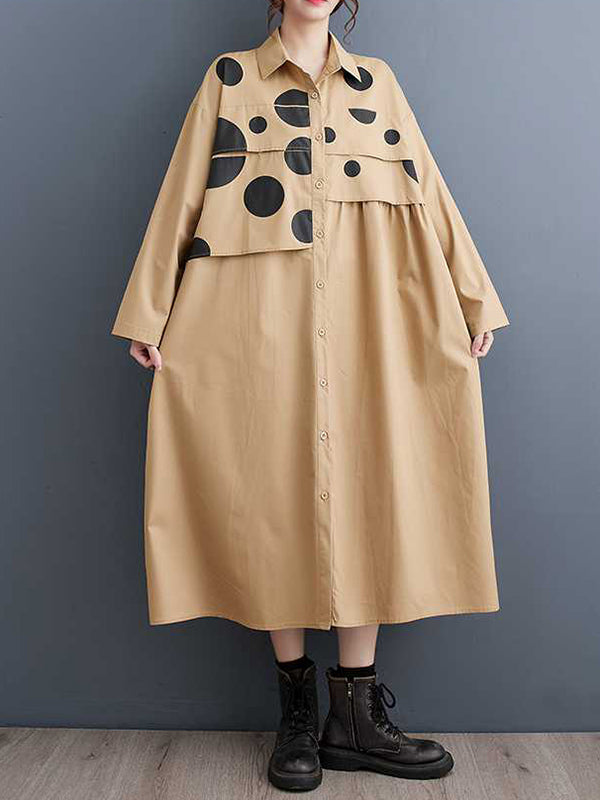 A-line Long Sleeves Asymmetric Buttoned Polka Dot Split-joint Lapel Midi Dresses