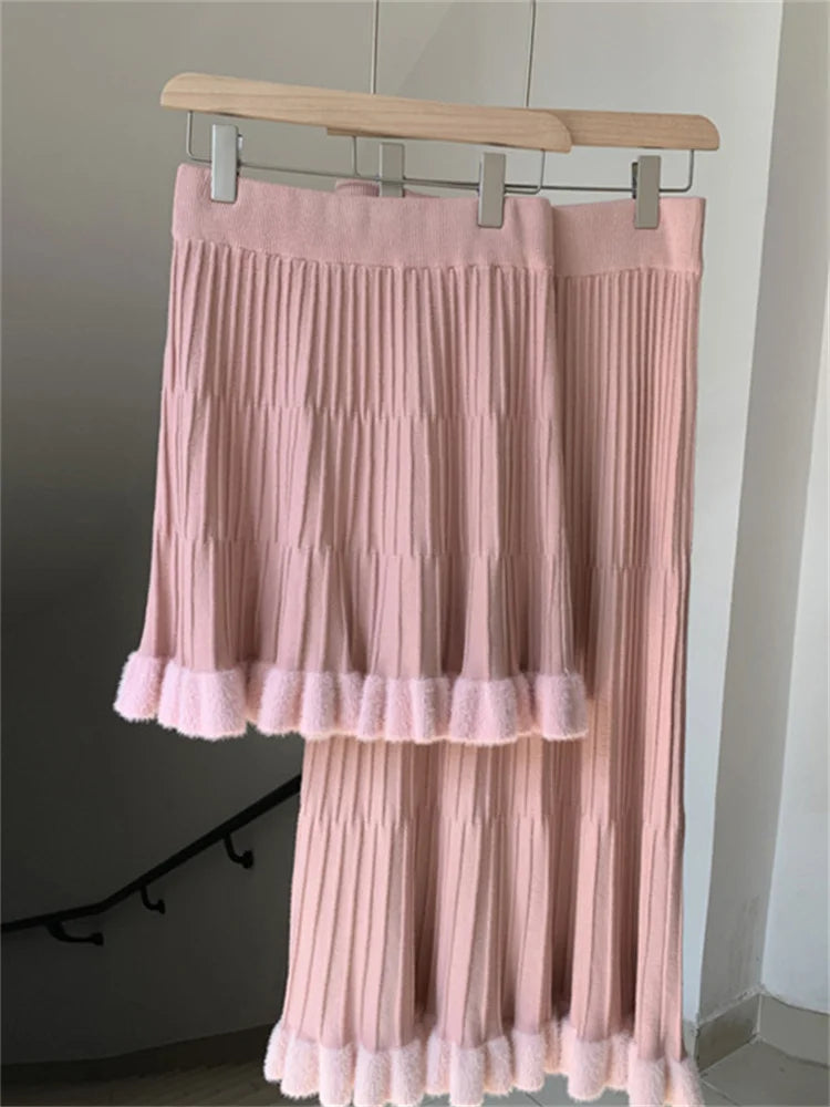 High Waist Ruffled Pleated Skirts Autumn Long Skirt Loose Pleated Ribbed Maxi Skirt
