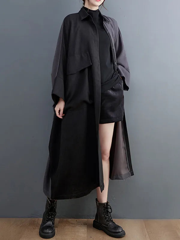 Long Sleeves Loose Buttoned Contrast Color Split-joint Lapel Collar Midi Dresses
