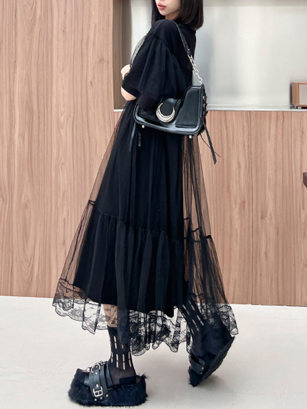 Fake Two-piece Loose Gauze Pleated Color Split-joint Tiered Round-neck Midi Dresses