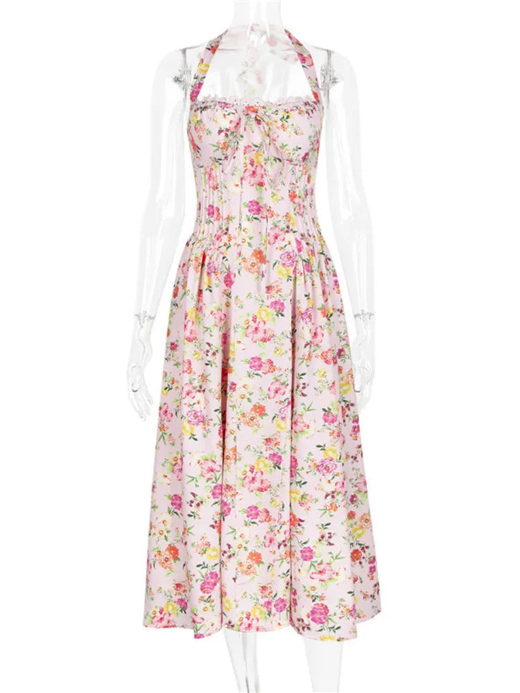 Print A-line Midi Dress for Halter Sleeveless Backless Loose Printed Long Dress New