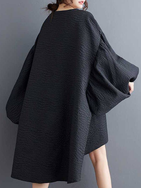 High-low Long Sleeves Elasticity Color Split-joint Round-neck Midi Dresses