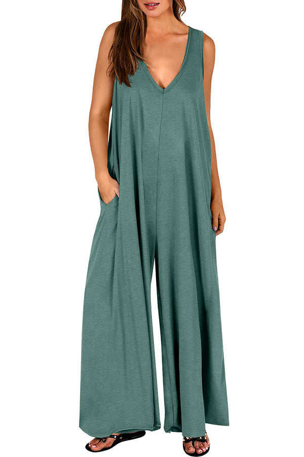 Color V-neck Sleeveless Loose Pocket Wide-leg Jumpsuit