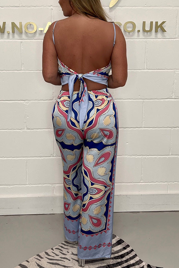 Print Suspenders Open Back Tie Top + Straight Pants Set