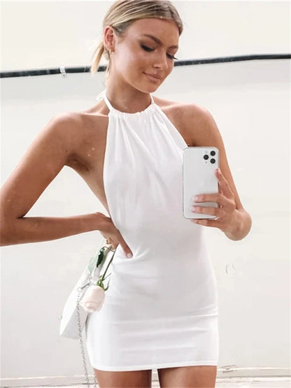 Summer Gradient Backless Knit Dress New Mini Beach Party Halter Dress Holiday Slim Stretch Sweater Dress