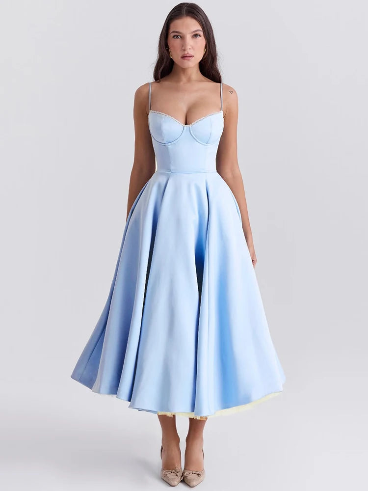 A-line Backless Midi Dress for Spaghetti Strap Sleeveless Loose Club Party Dress New