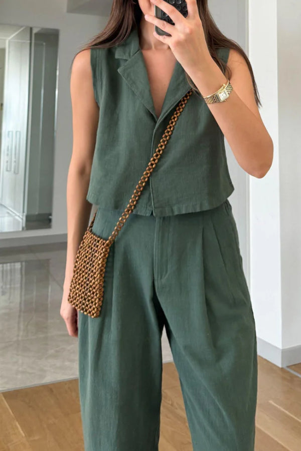 Lapel Vest & Pants Cotton Linen Two-piece Set