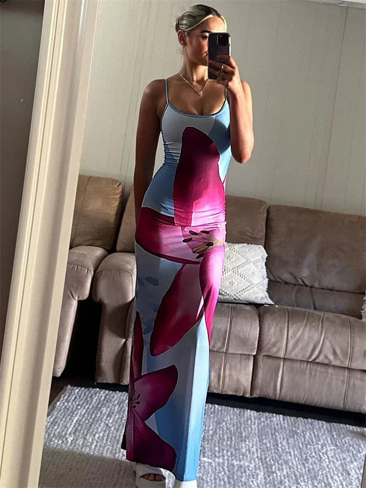 Printed Spaghetti Hot Backless Maxi Dress – ’s Slim Contrast Patchwork Halter Autumn Long Dress