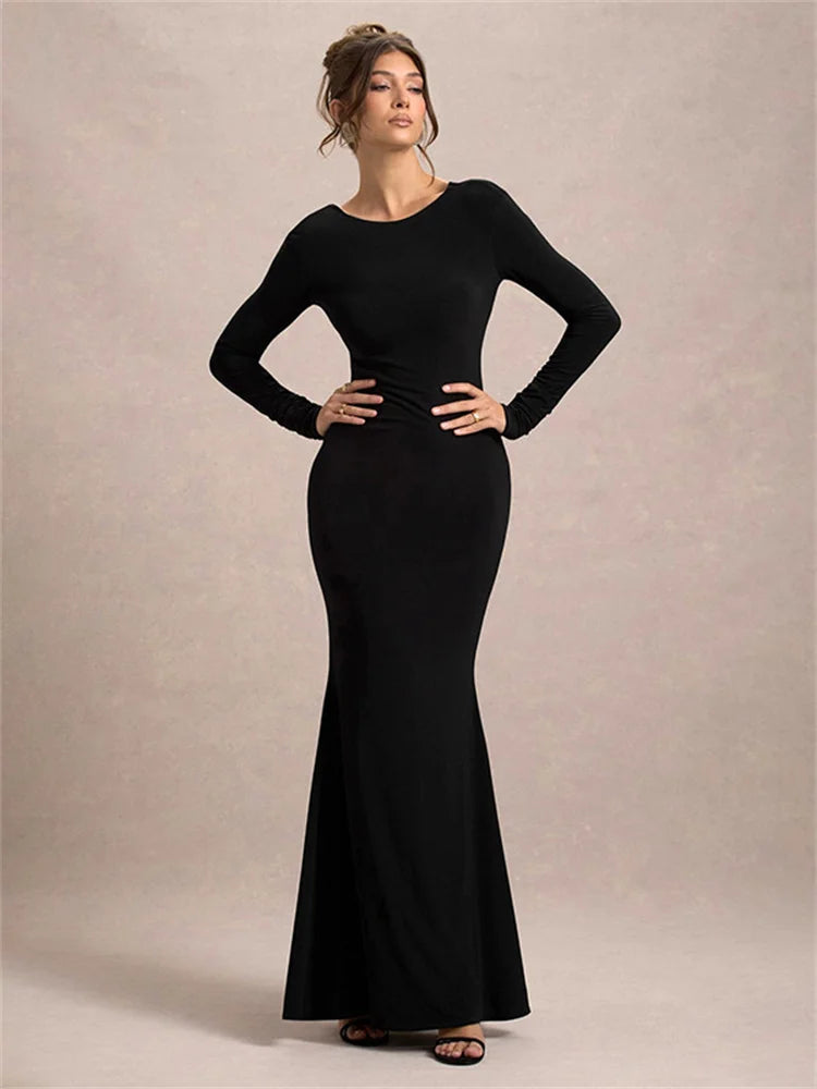 Black Tee Bow Backless Long Dress ’s High Waist Party Dress Gown Female Autumn Maxi Dress