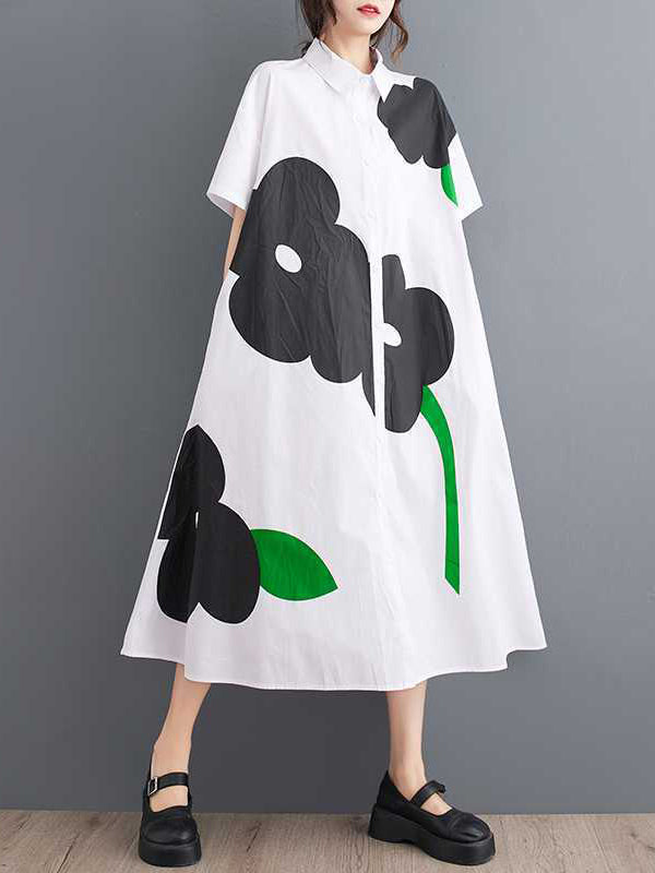 Loose Short Sleeves Buttoned Printed Lapel Collar Midi Dresses