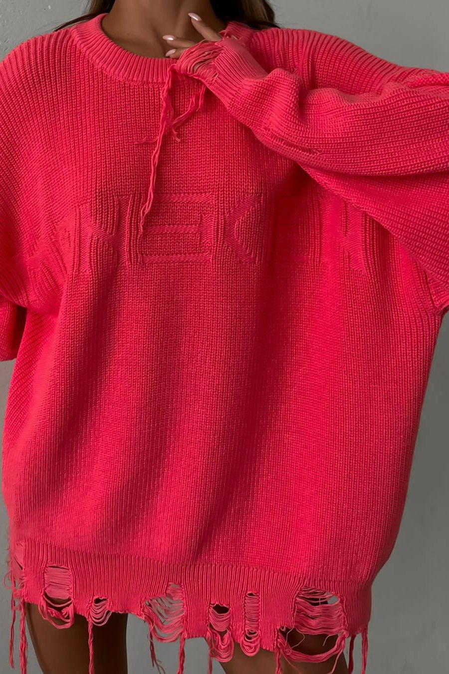 Edgy Ripped Grunge Crew Neck Knit Sweater