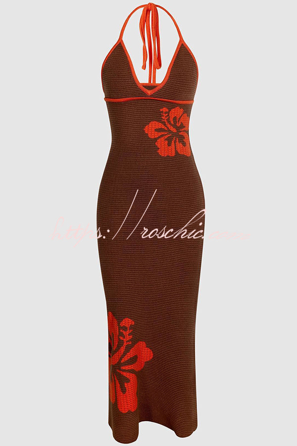 Midsummer Knit Pattern Mermaid Hem Halterneck Stretch Midi Dress