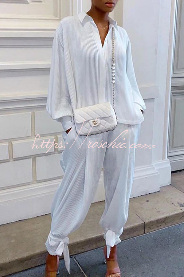 Shirt Collar Stripe Side Pocket Top Pant Set