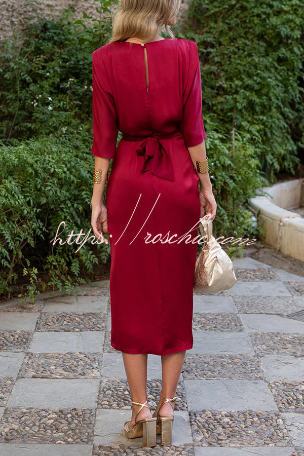 Satin Color Round Neck Half Sleeve Waist Midi Dress