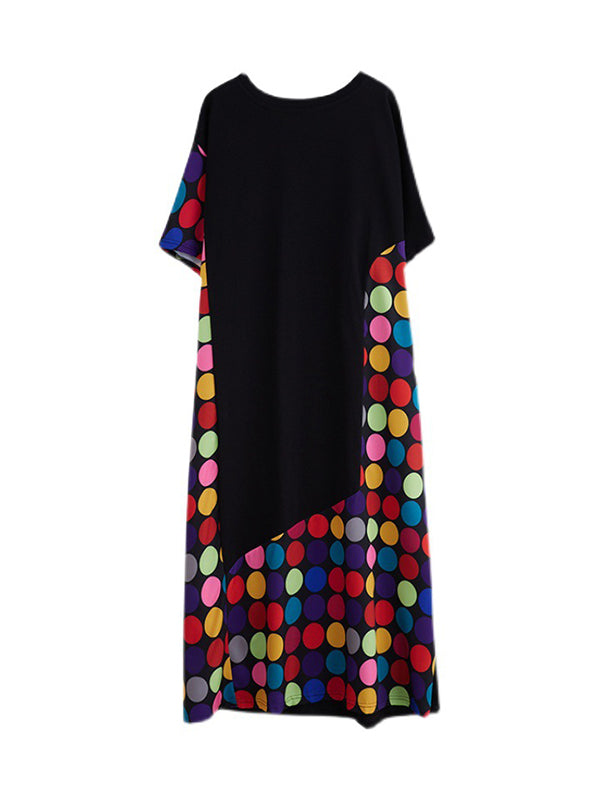 Loose Short Sleeves Multi-colored Polka-dot Split-joint Round-neck Midi Dresses