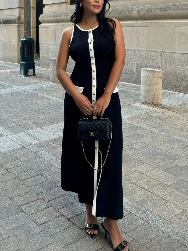 Knit Ribbed Long Dress for Slim Sleeveless Patchwork High Waist Pocket Dress ’s Maxi Dress
