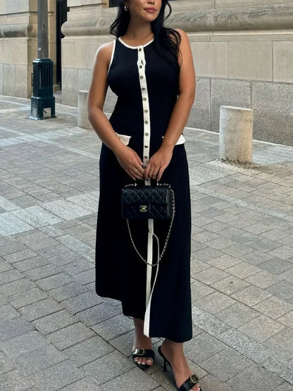 Knit Ribbed Long Dress for Slim Sleeveless Patchwork High Waist Pocket Dress ’s Maxi Dress