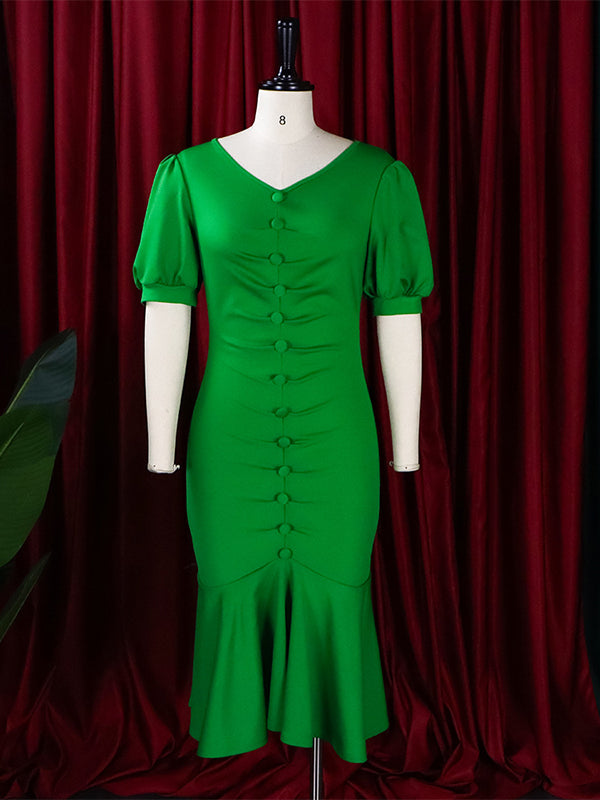 Bodycon Mermaid Pleated Color Zipper V-neck Midi Dresses