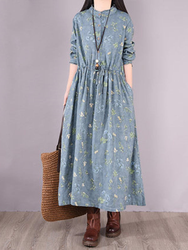 Printed Ramie Cotton Loose Midi Dress