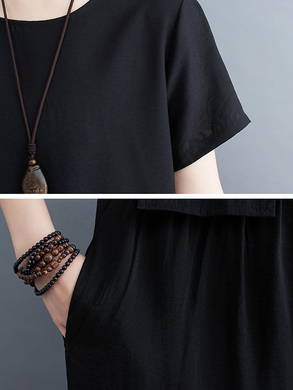Loose Short Sleeves Gauze Color Split-joint Round-neck Midi Dresses